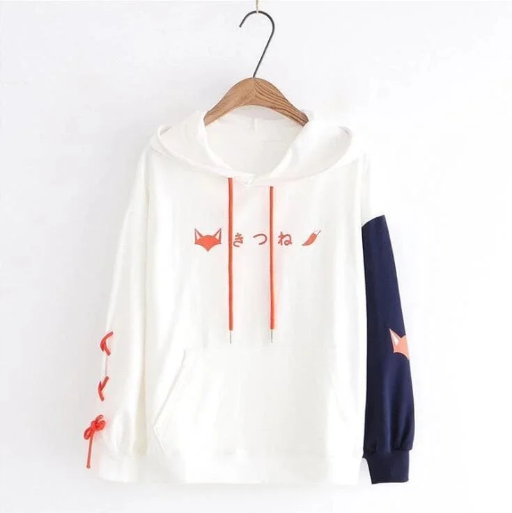 White/Dark Blue Fox Print Lace-up Hoodie Sweatshirt SP14245