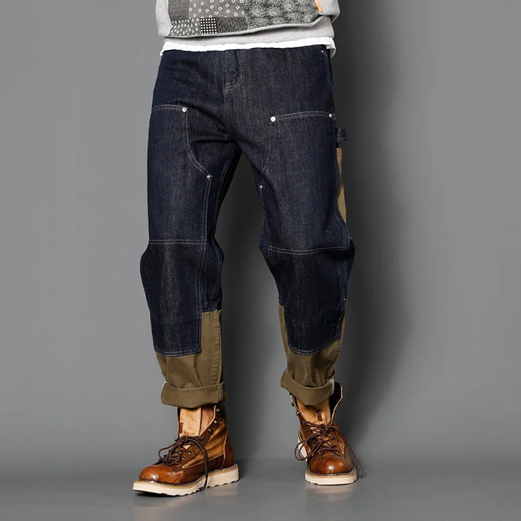 TIMSMEN Loose And Versatile Autumn And Winter Multi-pocket Stitching Straight American Jeans