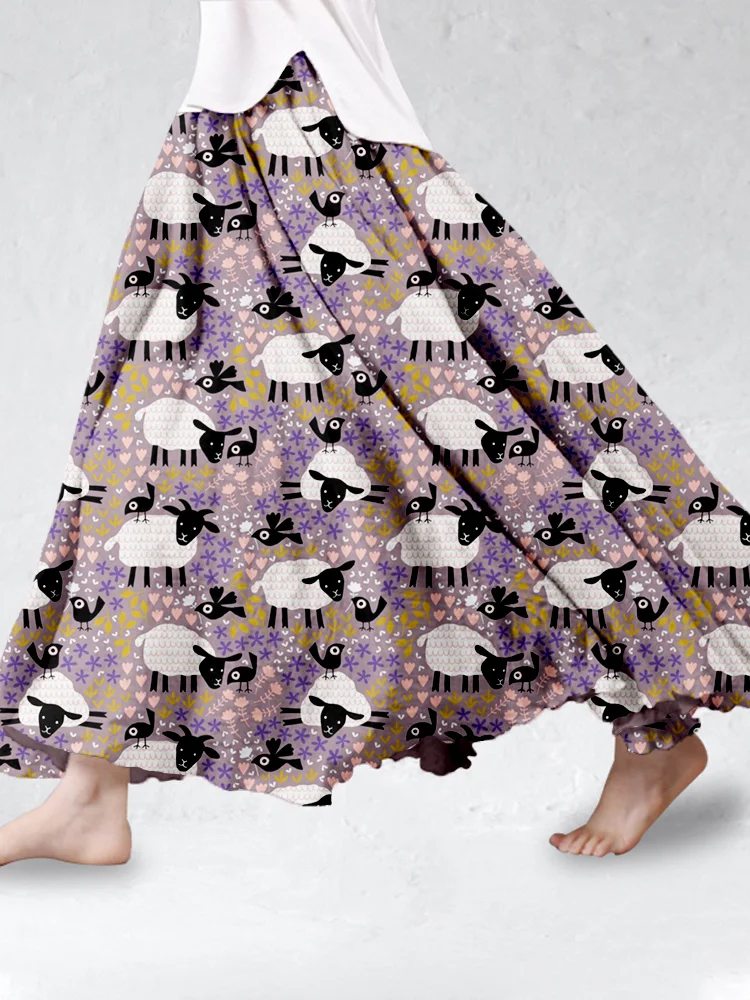 Comstylish Birds and Sheep in Blossom Plum Pattern Linen Blend Flowy Wide Skirt