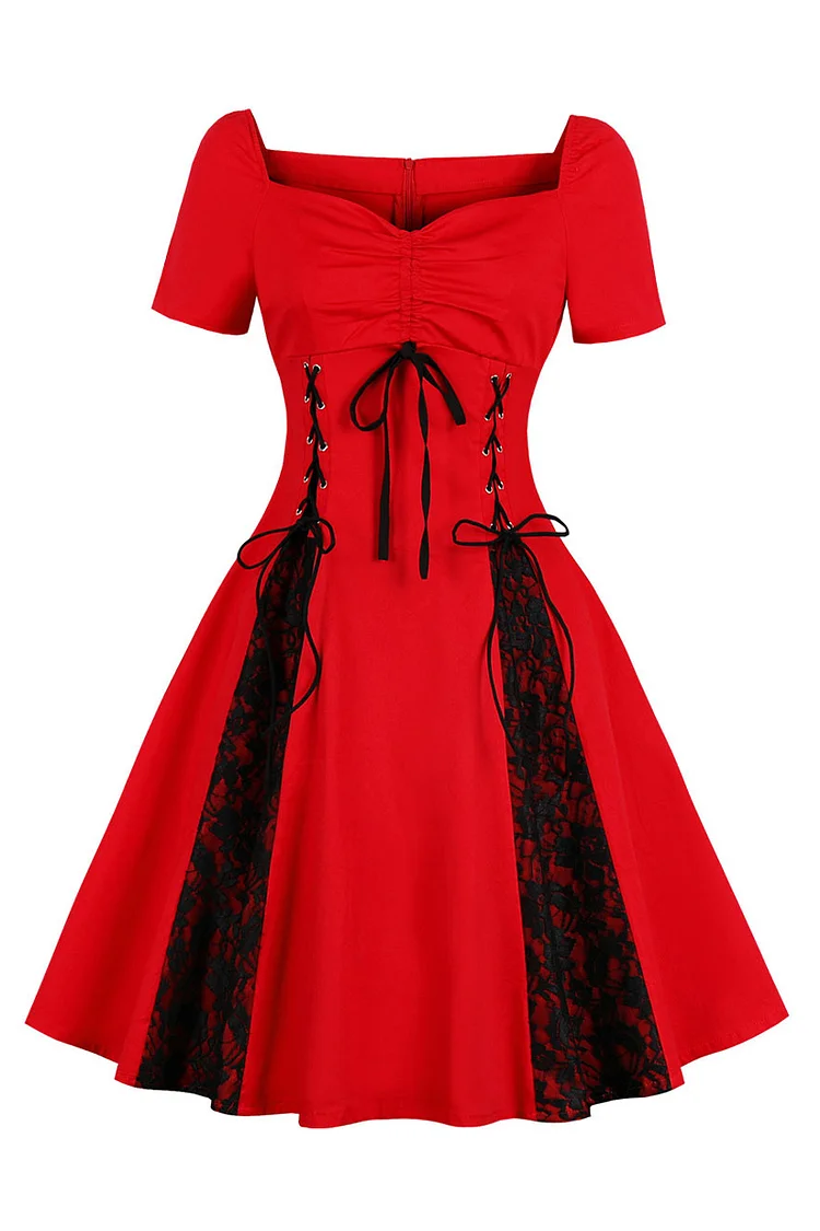 Gothic Red Party Lace Patchwork Lace Up Square Neck Midi Dress