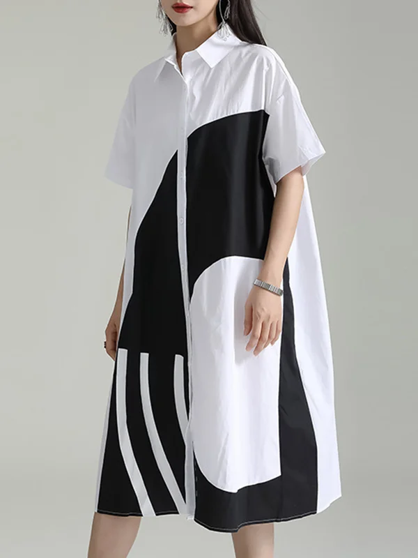Loose Short Sleeves Asymmetric Contrast Color Split-Joint Lapel Midi Dresses Shirt Dress