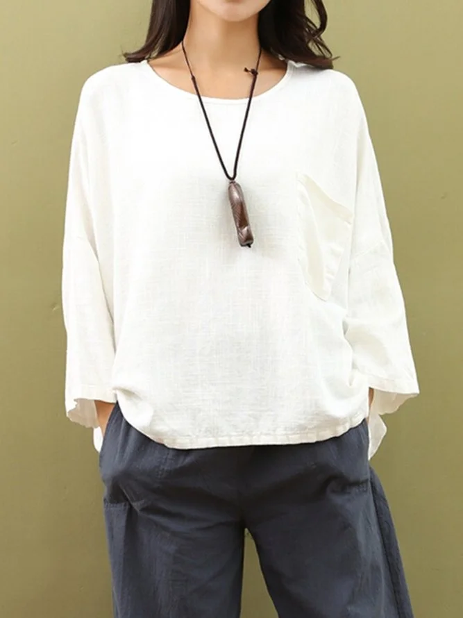 Plus Size Simple Long Sleeve Solid Linen Shift T-Shirt Zaesvini