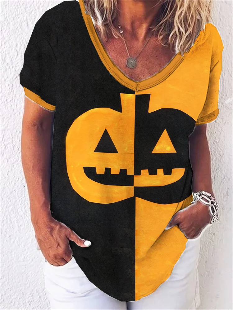 Halloween Symmetrical Pumpkin V Neck T Shirt