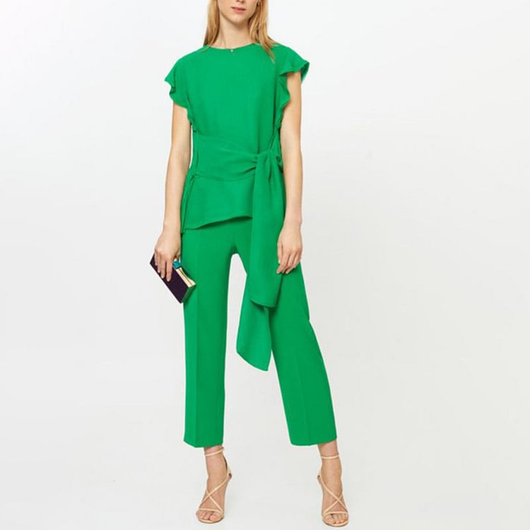 VChics Green Frill Sleeve Knot Front Elegant Two-piece Set