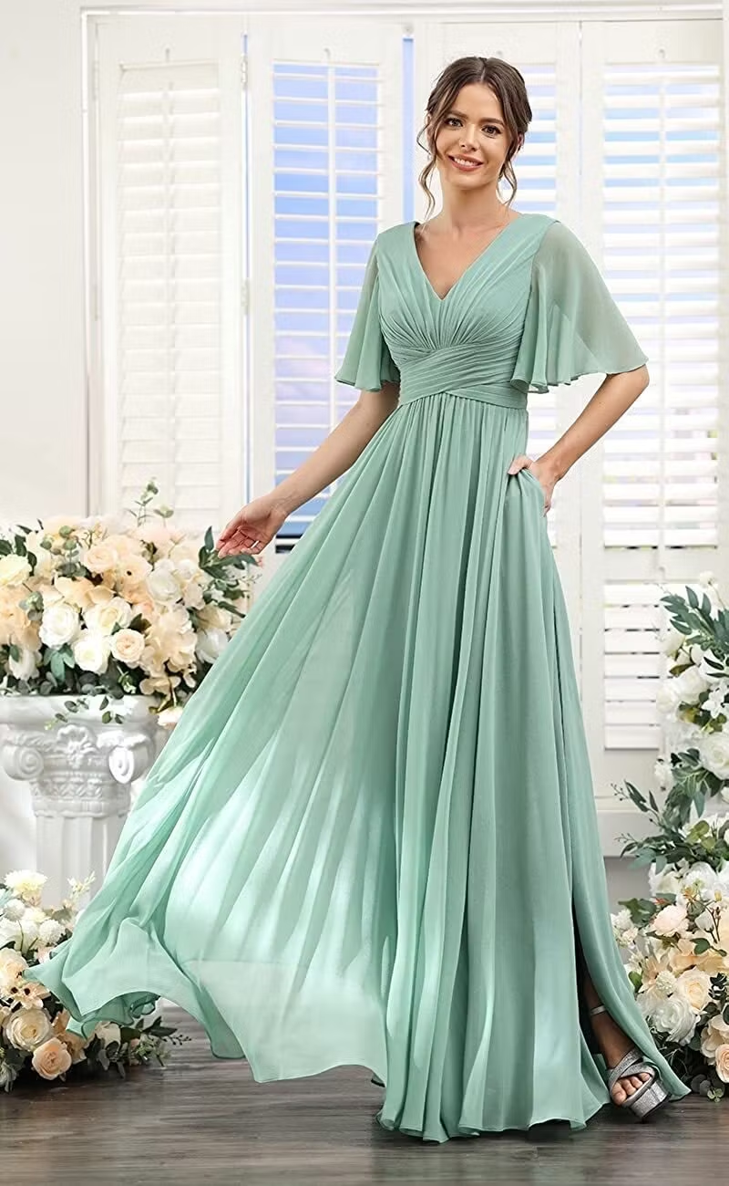 Exquisite Sage Green Chiffon V-Neck Short Sleeves High-Waisted Long Pleated Prom Dress | YH0018 Wellcucu
