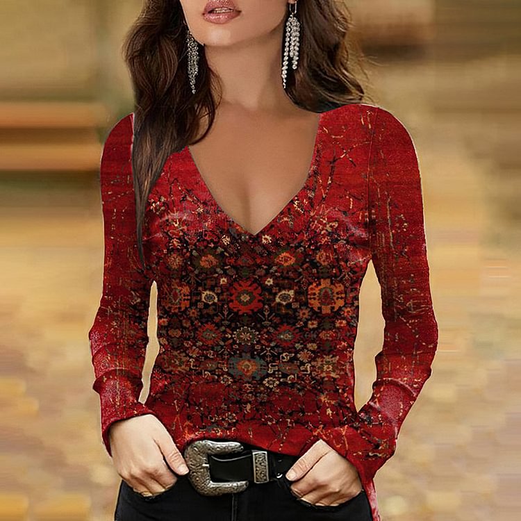 VChics Vintage Western Totem Print Long Sleeve T-Shirt