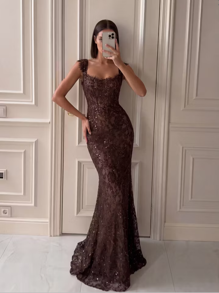 Lace Square Neck Wide Shoulder Straps Sleeveless High-Waisted Long Mermaid Prom Dress With Sequins | LX0016 Wellcucu