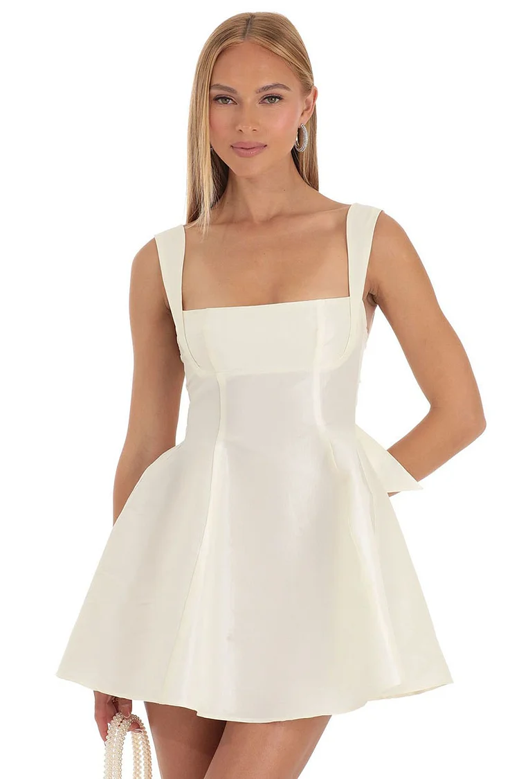 Square Neck Straps White Bow Knotted Cutout Backless A-line Satin Mini Dresses