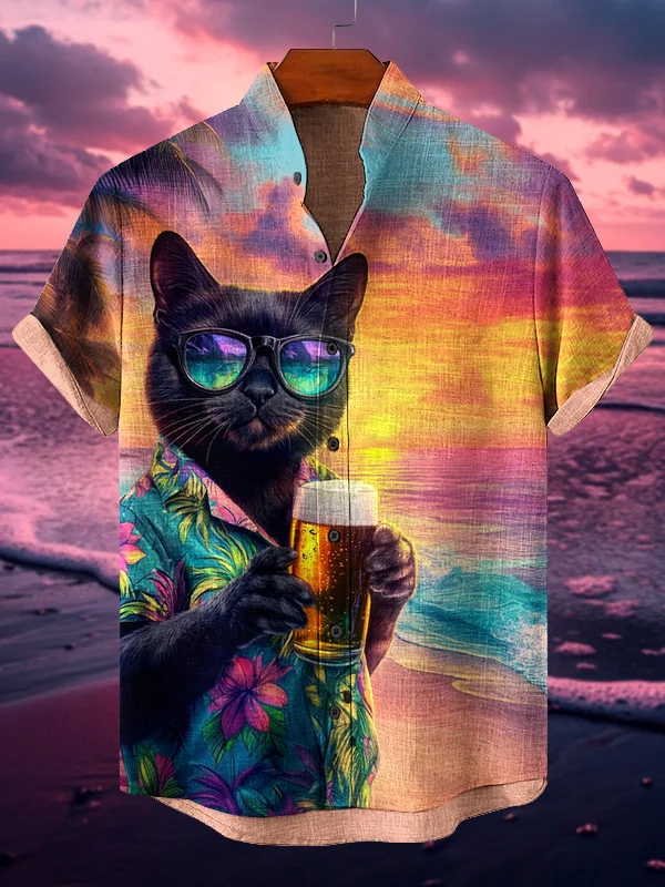 Men's Beach Sunset Scenery Black Cat Print Short Sleeve Shirt