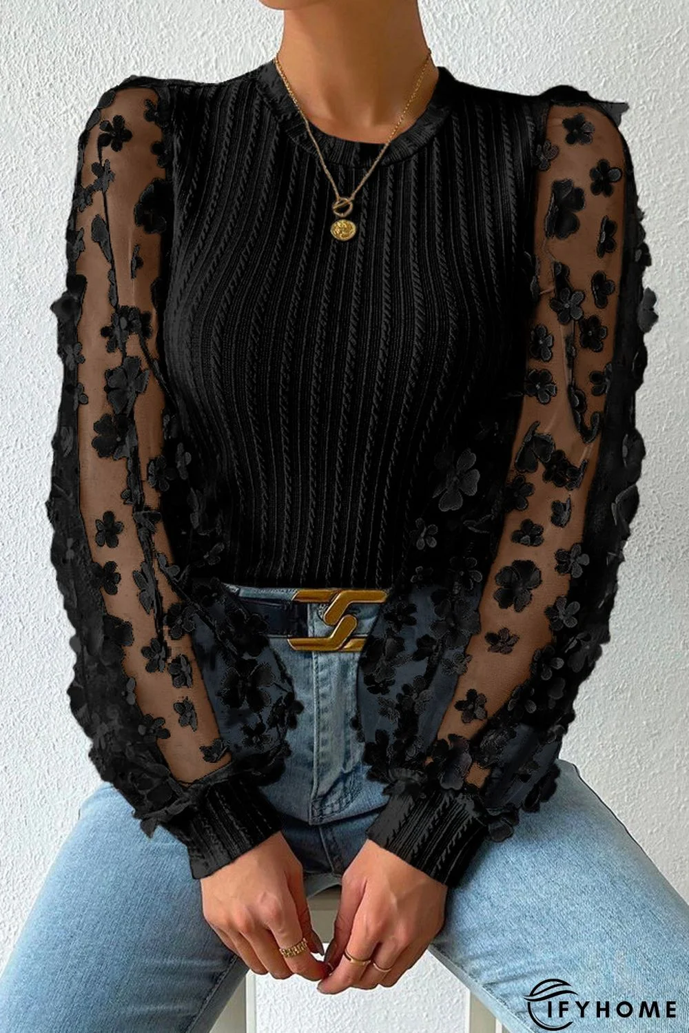 Black Floral Applique Mesh Sleeves Textured Knit Blouse | IFYHOME