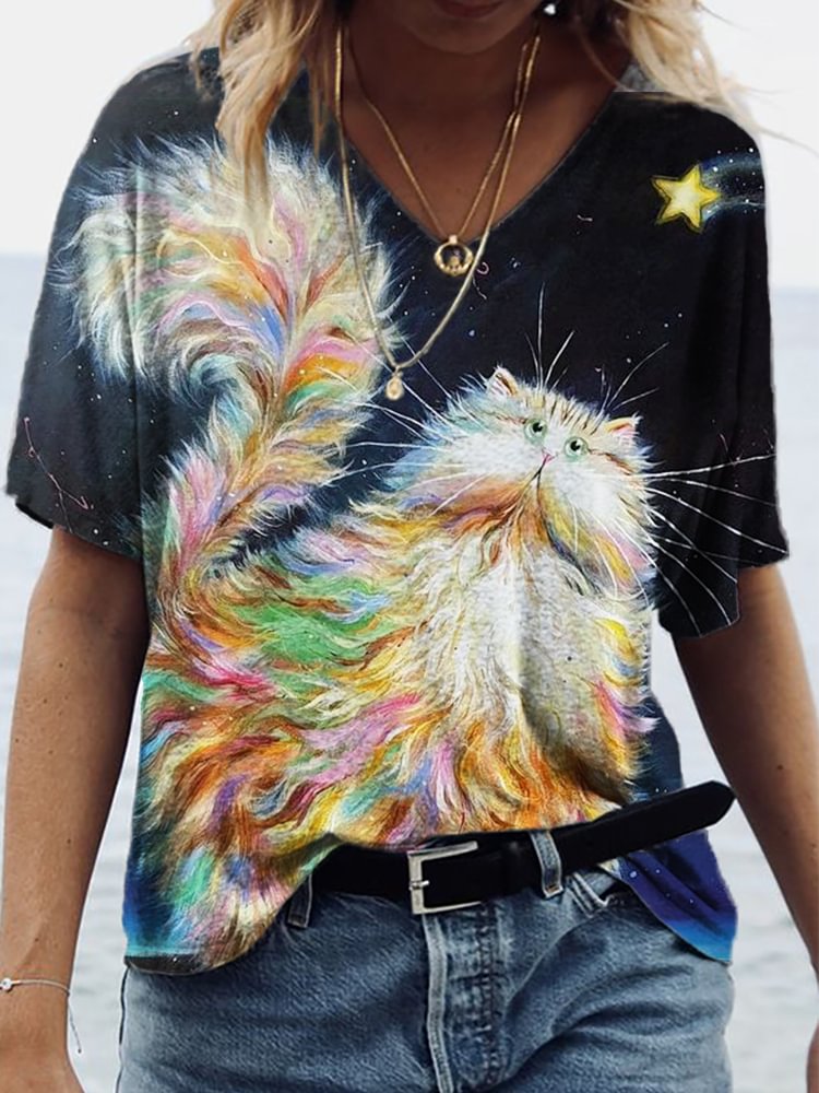 Comstylish Fluffy Cat Chasing Star V Neck T Shirt