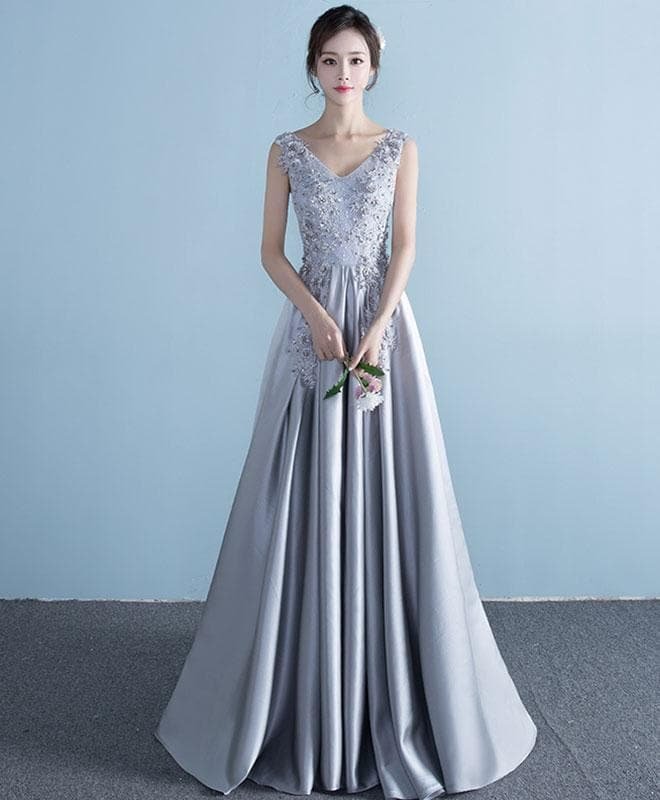 Gray Lace Satin Long Prom Dress, Lace Evening Dress