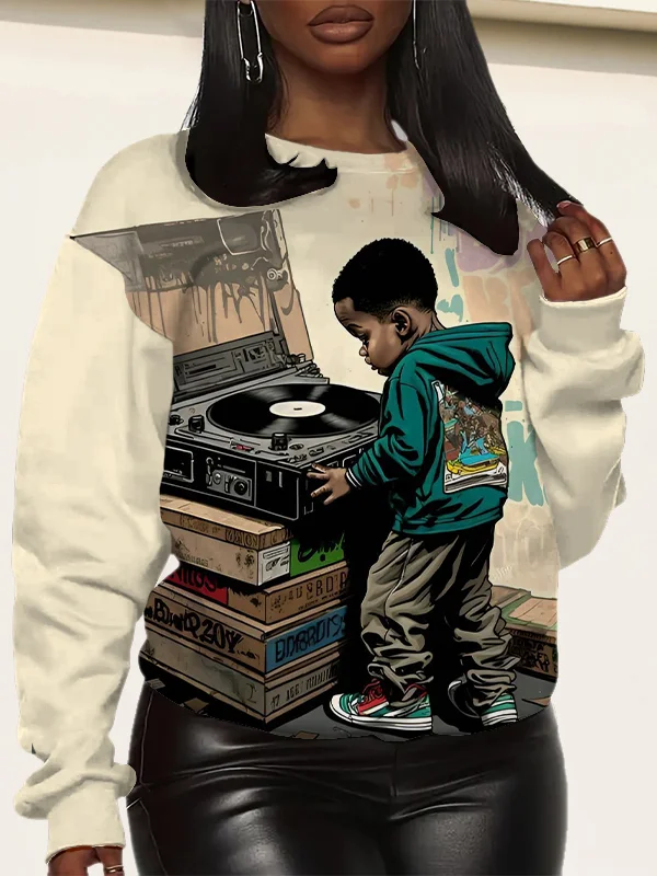 Women's Little Boy Vinyl Music Lover Art Print Sweatshirt