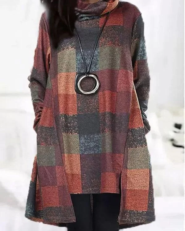 Vintage Plaid Turtleneck Irregular Mini Dress