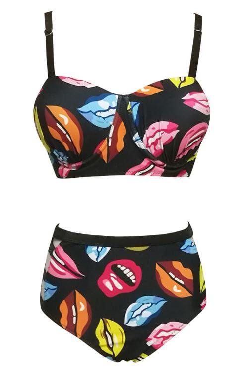 Black Lip Print Push Up High Waisted Strappy Cutout Sexy Bikini Swimsuit - Shop Trendy Women's Clothing | LoverChic