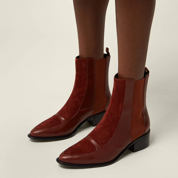 Brown Chelsea Boots Almond Toe Low Block Heel Booties |FSJ Shoes