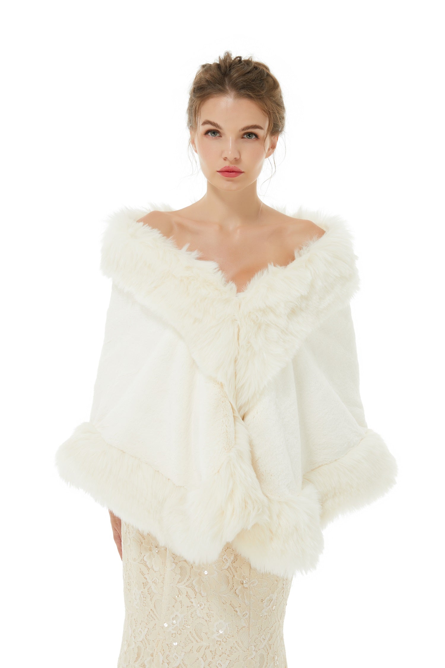 Dresseswow White Faux Fur Wrap Winter Wedding Shawl