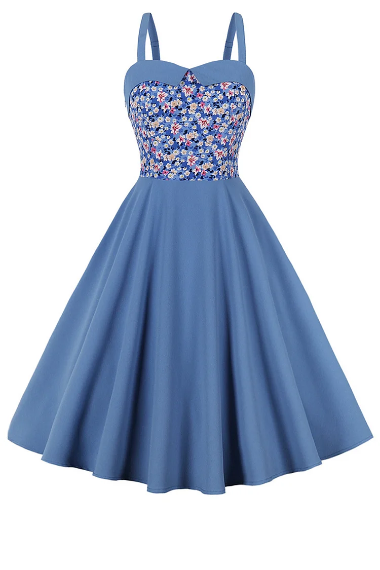 1950s Grey Blue Party Ditsy Floral Fitted Bodice Cami Swing Midi Dress