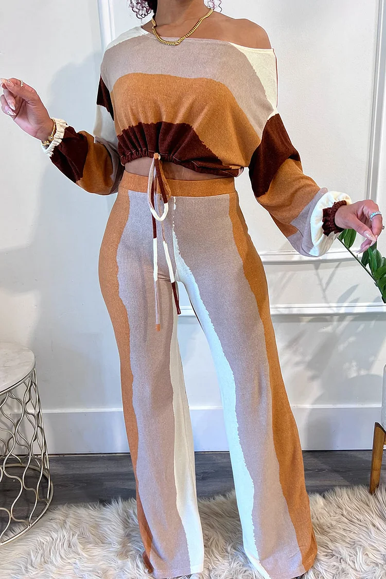 Knit Multicolored Off Shoulder Lantern Sleeve Crop Top Pants Matching Set-Brown
