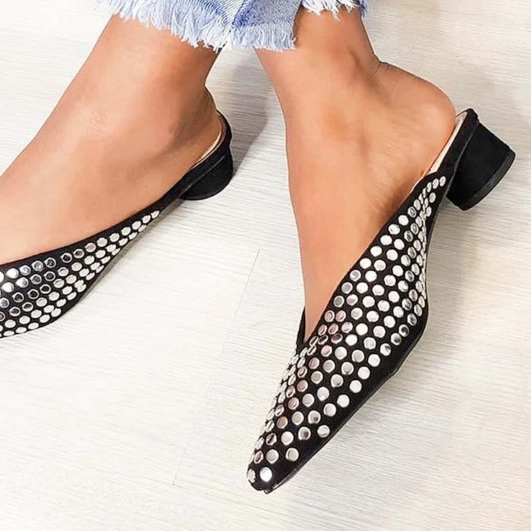 Low Cut Mules with Rhinestones and Block Heel Vdcoo