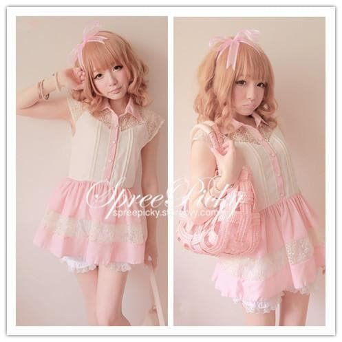 Lace Joint Slim Fit Chiffon short sleeve Top SP130166