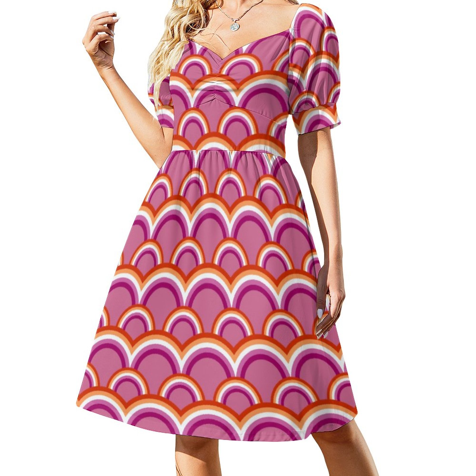 SFNEEWHO Lesbian Pride Flag Rainbow Pattern Dress Women Boho High Waist  Flared Puff Sleeve Cute Sweetheart Midi Dress