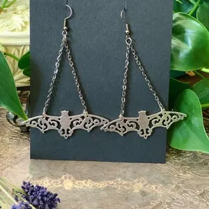 pornhint Pornhint Silver Victorian Bat Earrings - Goth - Pagan - Witchy - Warrior - Nature- Alternative - Mystical Twists -Hypoallergenic