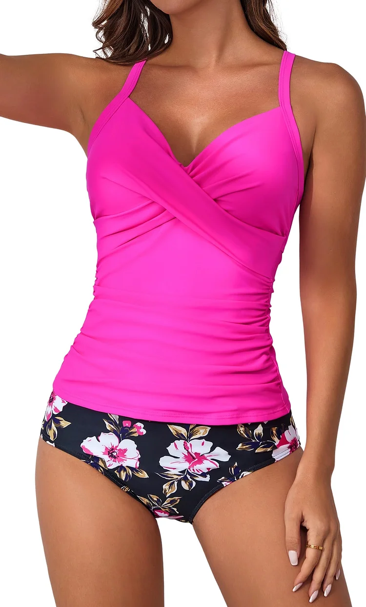 V Neck Wrap Tie Back Ruched Tankini Suimsuits