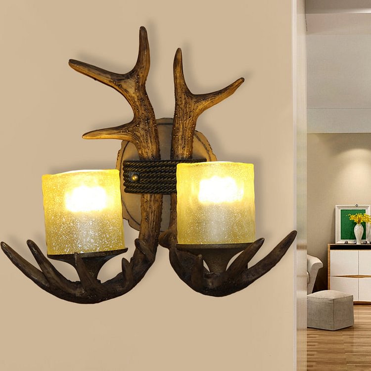 Resin Antler Sconce Lighting Traditional 2-Light Bedroom Wall Mounted Lamp in Wood