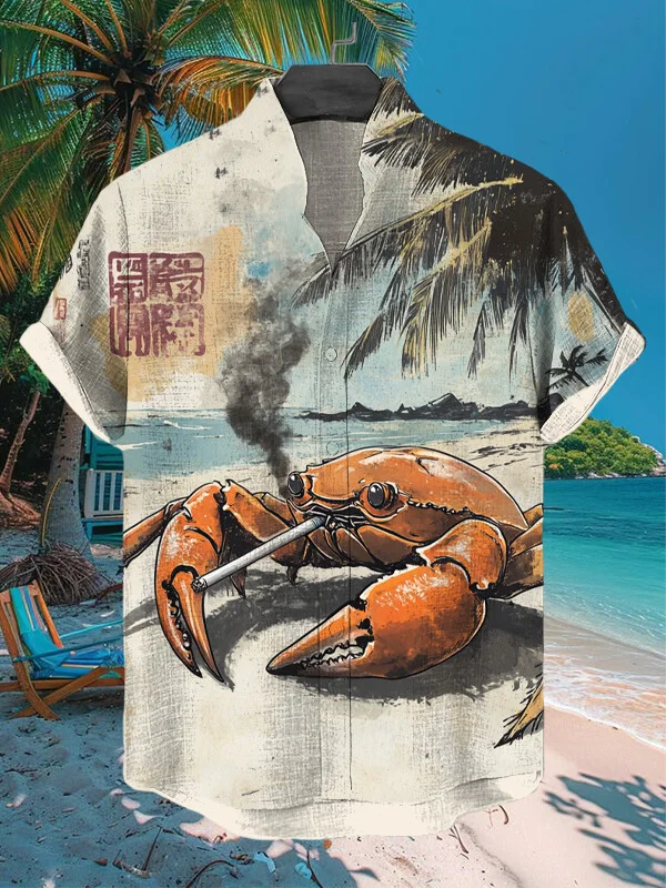 Men's Crab Smoking Cigarette Coconut Tree Art Print Casual Shirt