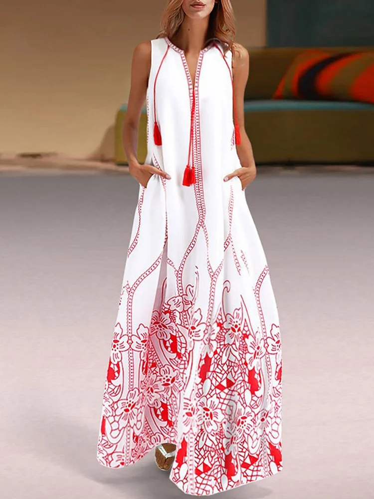 V Neck Red Beach Floral-Print Boho Maxi Dress P16133