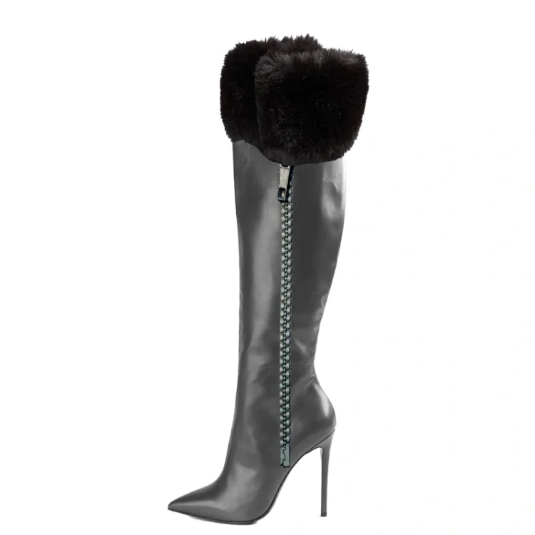 Black Leather Fur-Trimmed Stiletto Knee-High Boots Vdcoo