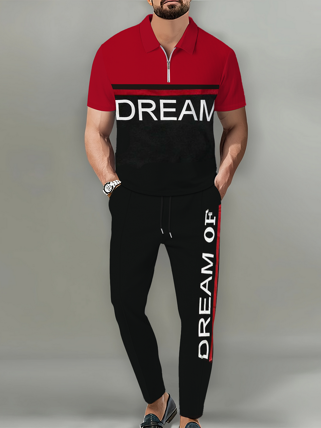 Men's Casual Color Block Letter Polo Shirt and Trousers Two Piece Set 013