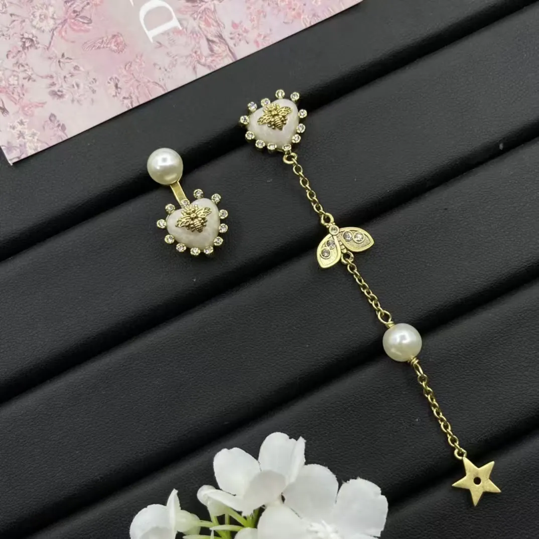 Dior Asymmetric Bee Heart Stud Long Drop Star Earrings