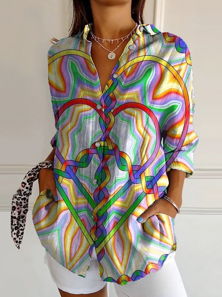Women's Heart Shaped Bond Hippie Art Print Casual Cotton Shirt