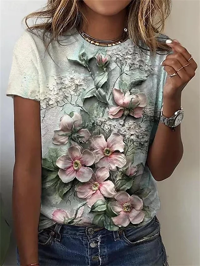 Women's Floral Print Yellow Fashionable Round Neck Women's T-Shirt socialshop
