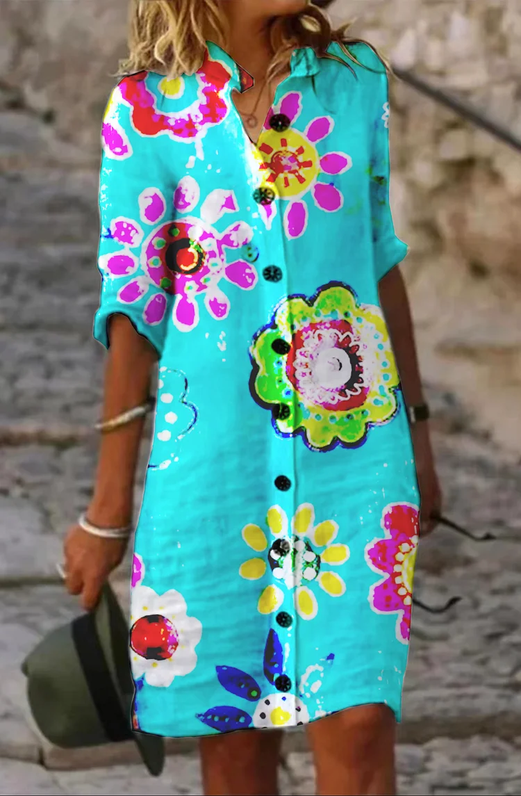 Color Flower Plain Cotton Casual Dress