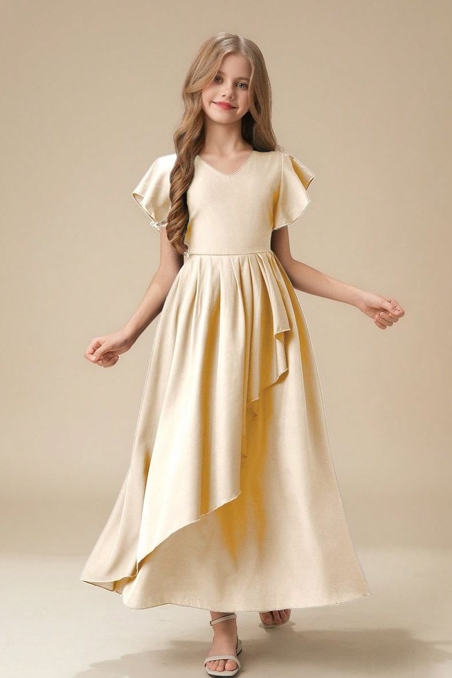 Daisda Elegant Champagne Flutter Sleeves V Neck Long Junior Bridesmaid Dress