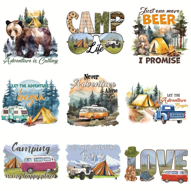 9pcs Pocket Size Camping Patch On Clothing Fashion Adventure Camp Heat Transfer Sticker DIY  Washable T-Shirt For Men and Women Heat Transfer Sticker with Good Design-Guru-buzz