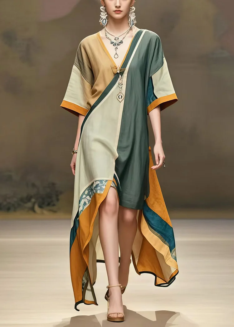 Women Colorblock Asymmetrical Cotton Maxi Dress Summer