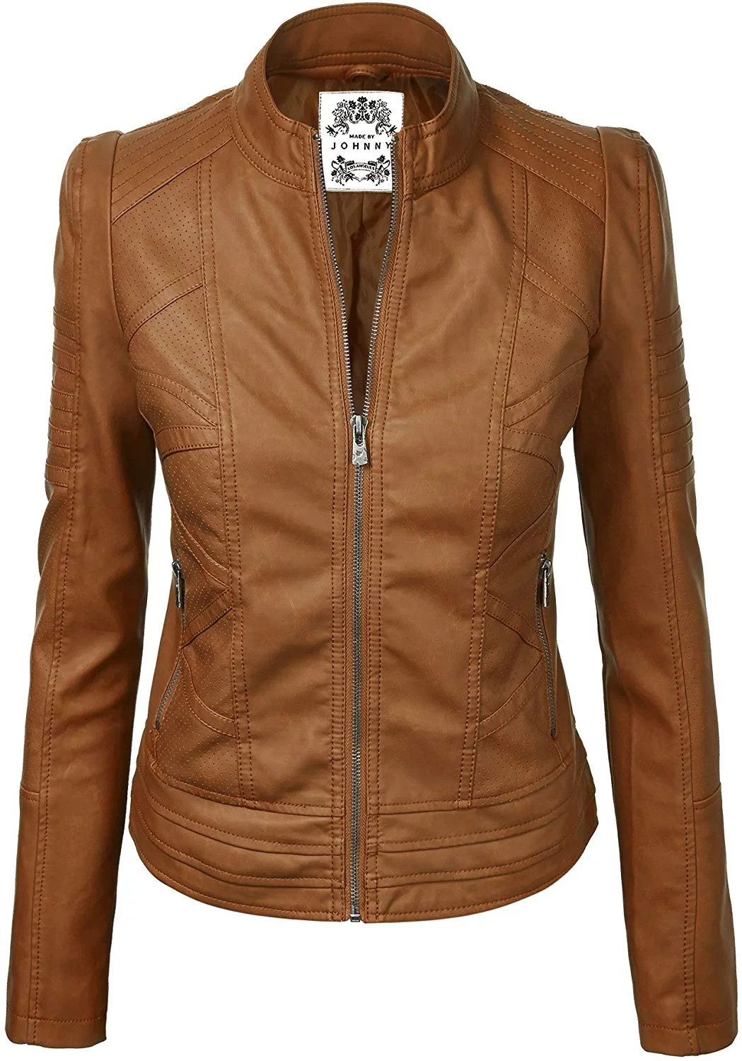 Made By Johnny Womens Faux Leather Zip Up Moto Biker Jacket with Stitching Detail