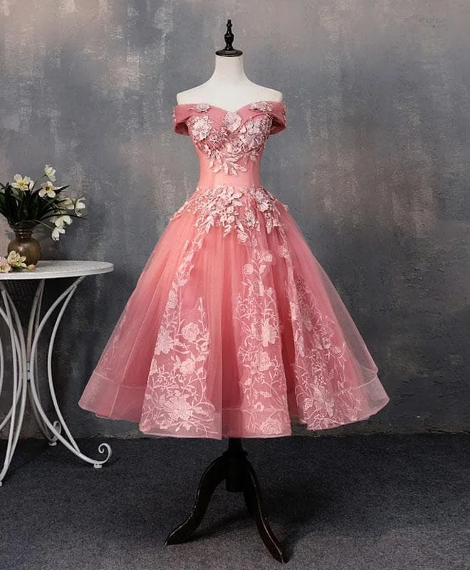 Pink Tulle Lace Off Shoulder Short Prom Dress Pink Homecoming Dress