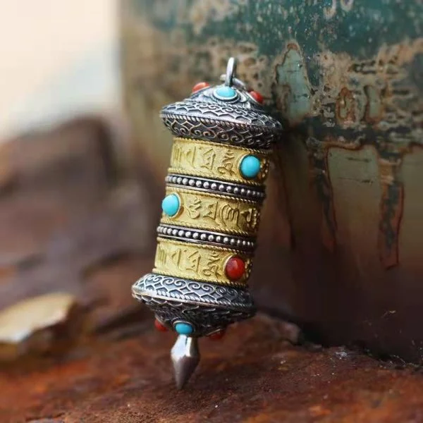 Sterling Silver Turquoise Red Agate Six Character Truth Prayer Wheel Pendant Necklace