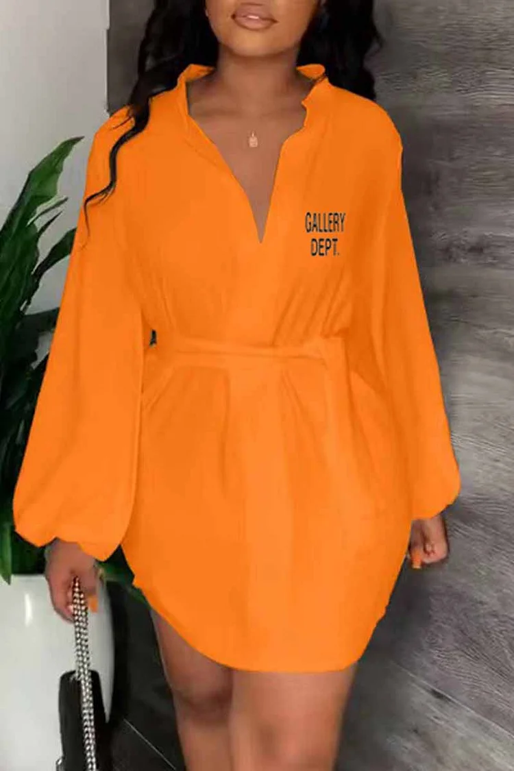 Orange Casual Print Letter With Belt V Neck One Step Skirt Dresses