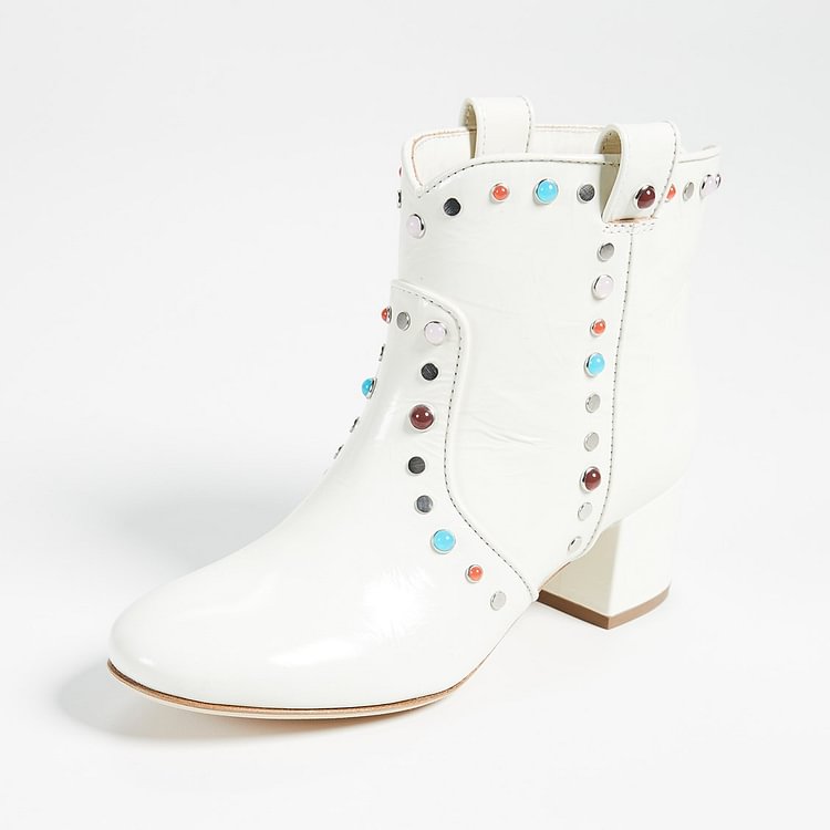 White Studs Low Heel Cowgirl Boots Colors Rhinestone Ankle Booties |FSJ Shoes