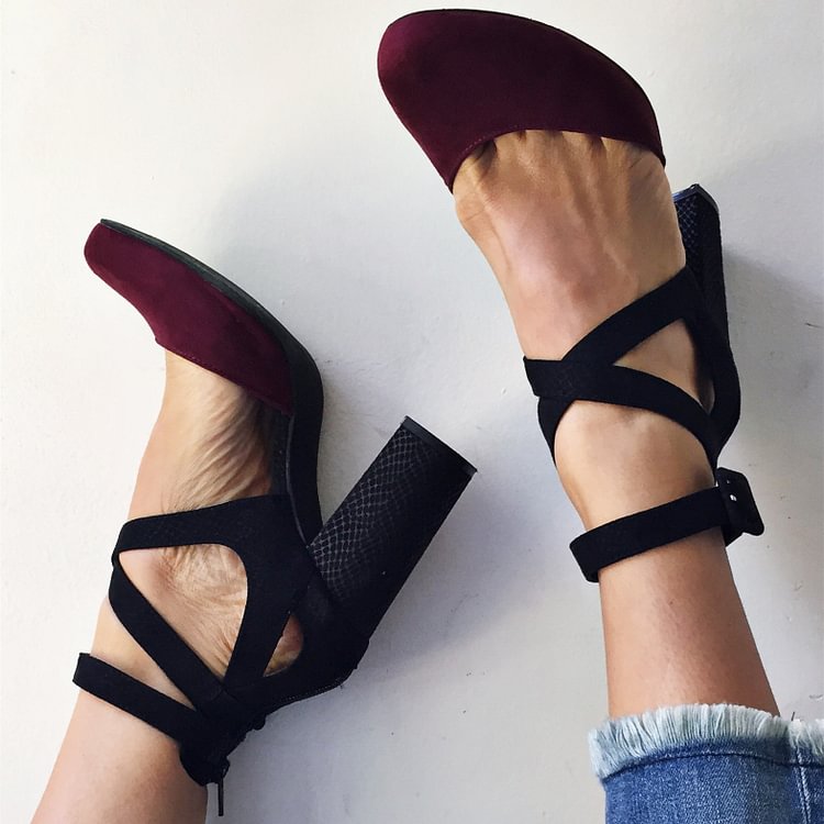 Women's Maroon and Black Chunky Heels Pointy Toe Ankle Strap Pumps |FSJ Shoes