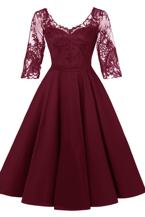 Burgundy A-line Applique Homecoming Dress With 3/4 Sleeves - Chicaggo