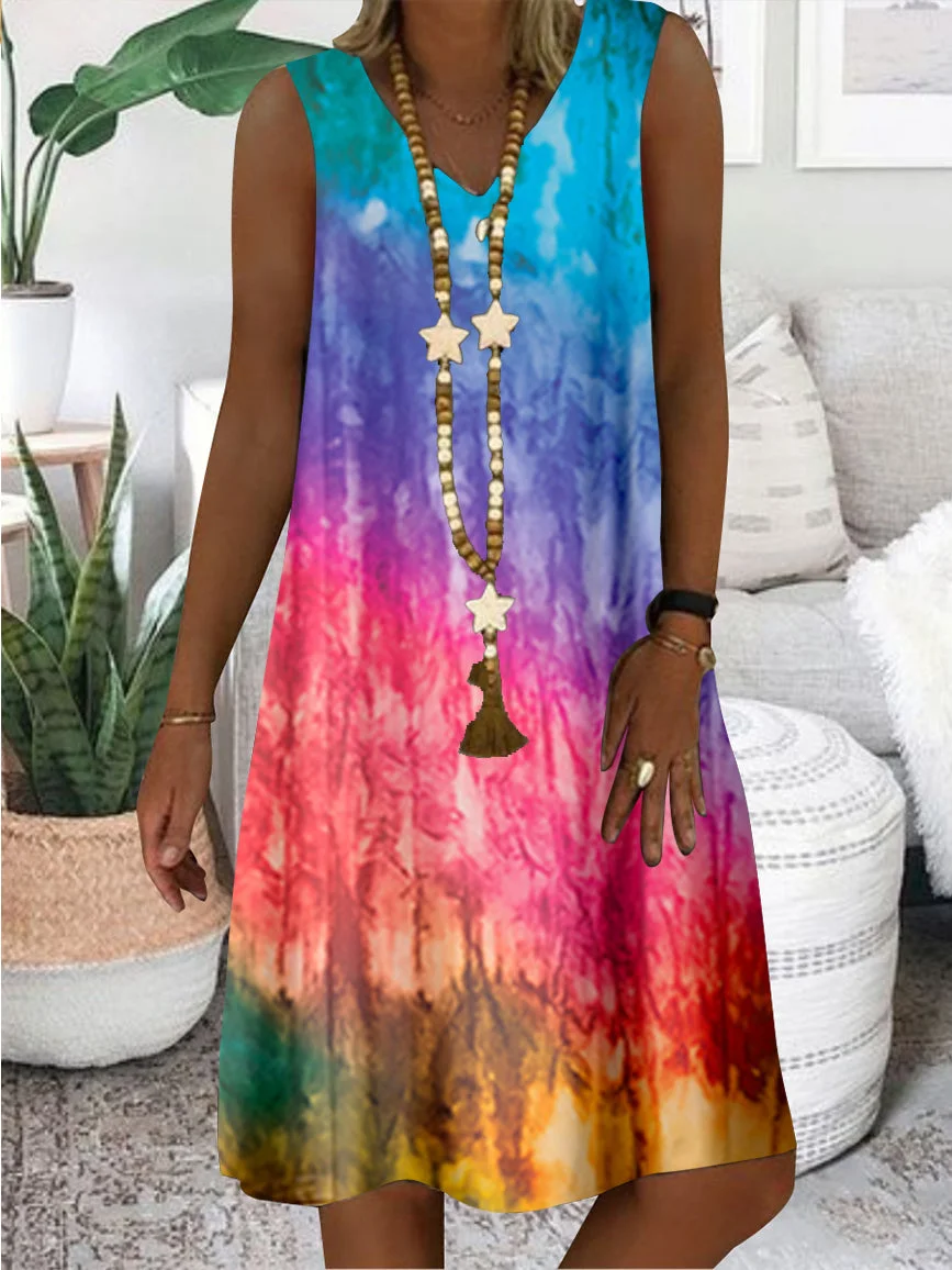 Women Colorful Sleeveless V-neck Colorblock Midi Dress