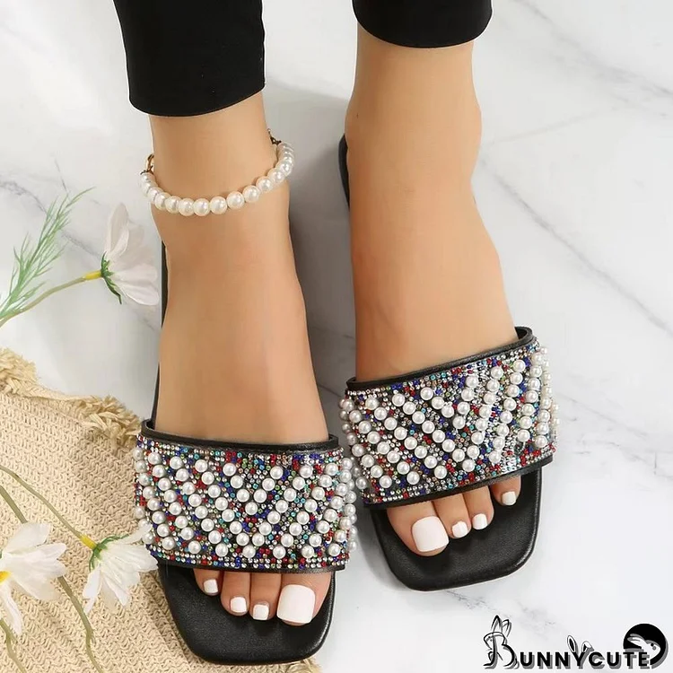 Black Casual Patchwork Pearl Rhinestone Square Comfortable Shoes