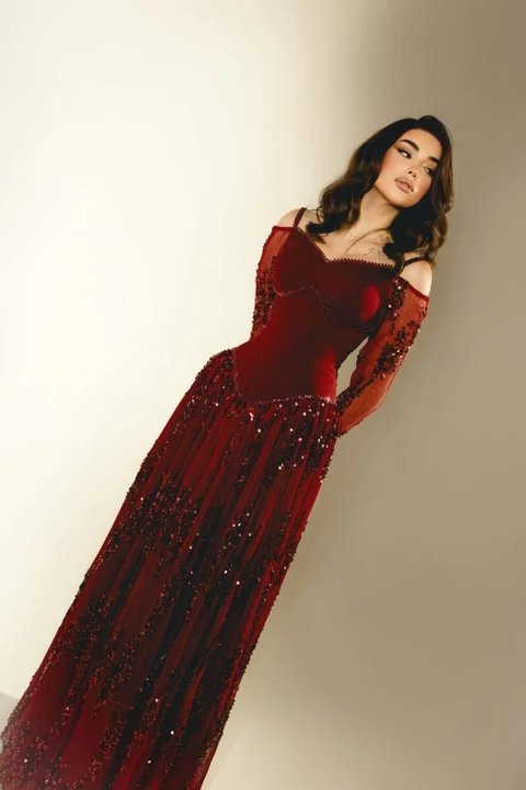 V-Neck Spaghetti Straps Off-The-Shoulder Long Sleeves Long Sheath Prom Dress With Pleated And Beading | WQ0774 Wellcucu